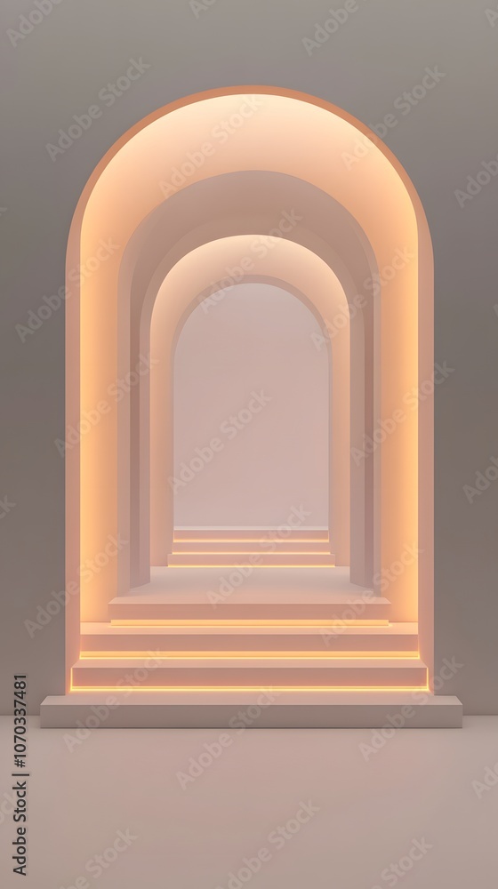 Empty white space with a minimalist design featuring elegant arches, clean lines, and soft lighting, creating a serene and modern architectural aesthetic