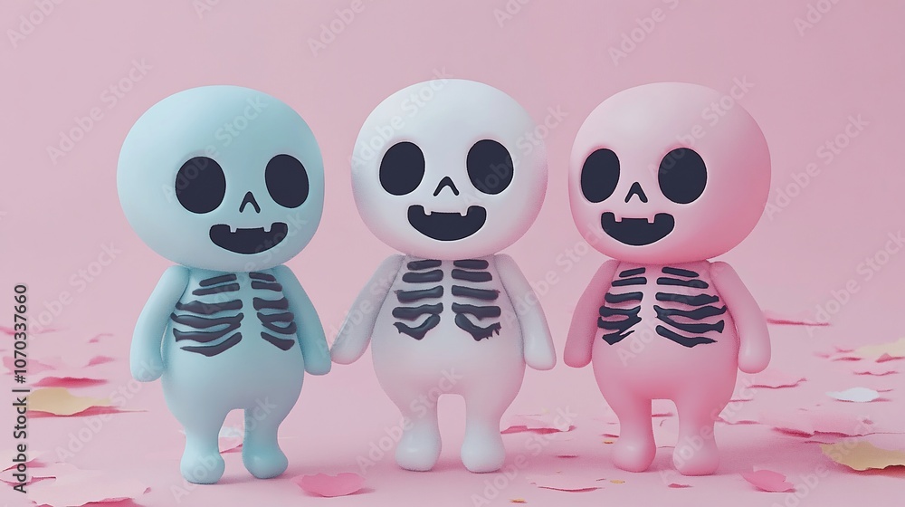 Obraz premium Three cute cartoon skeletons in blue, white and pink, standing on pink background with confetti.