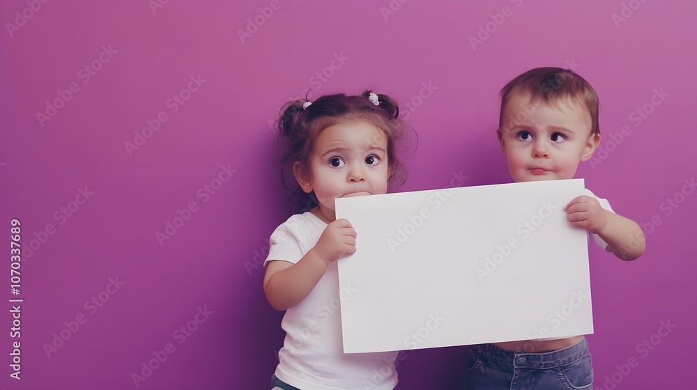 Two toddlers holding a blank white sheet in front of a vibrant purple background.