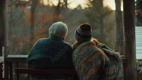 An older couple sits on a porch wrapped in a blanket, looking out at a forest during a winter sunset.