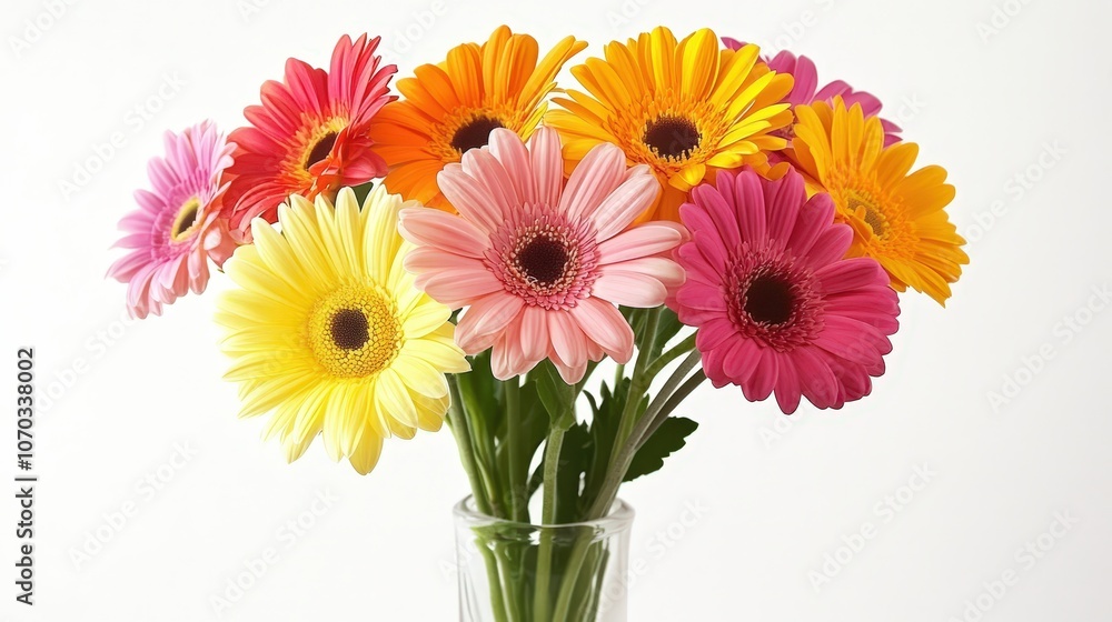 A delicate vase filled with freshly cut flowers is showcased against a smooth white background A delicate vase filled with freshly cut flowers is showcased against a smooth white background