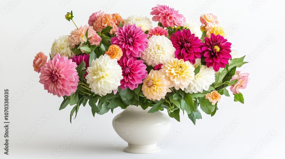 A delicate vase overflowing with lush flowers is beautifully placed on a pristine white background. A delicate vase overflowing with lush flowers is beautifully placed on a pristine white background.