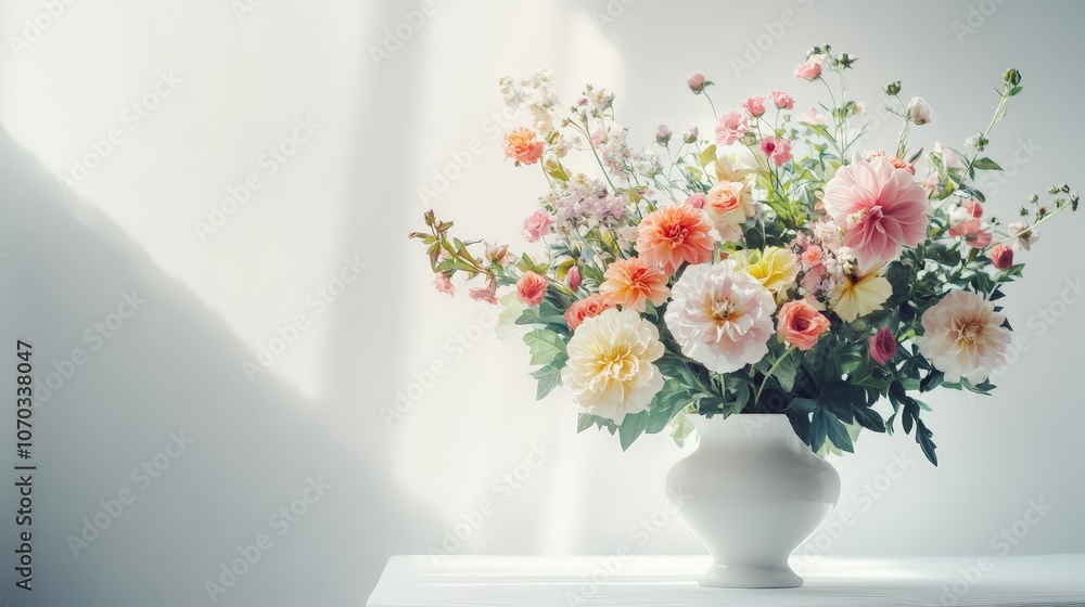 A delicate vase overflowing with lush flowers is beautifully placed on a pristine white background. A delicate vase overflowing with lush flowers is beautifully placed on a pristine white background.