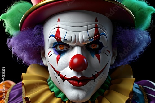 a clown with smooth facial features,blue,green,red,yellow,orange,pink,white,purple,realistic,detailed,detailed photo