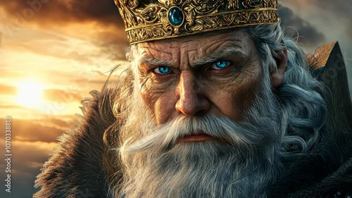 King looking sternly with fur collar and crown
