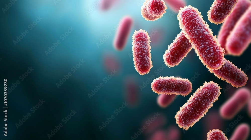 Fototapeta premium A microscopic view of bacteria, showcasing their vibrant red structures suspended in a blurred blue background.