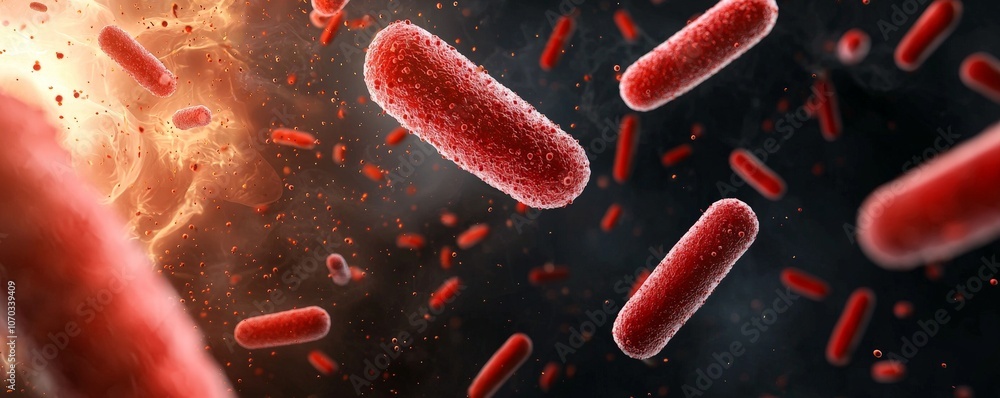 A vibrant depiction of red bacteria floating in a cosmic environment, highlighting the microscopic world within a vast backdrop. A vibrant depiction of red bacteria floating in a cosmic environment, highlighting the microscopic world within a vast backdrop.