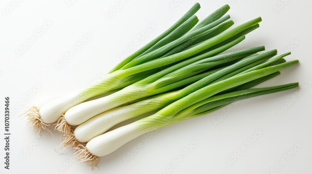 A few bright green scallions rest on a pristine white background A few bright green scallions rest on a pristine white background