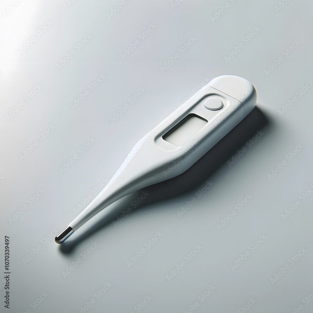 A digital thermometer with a white plastic body and a small digital screen displaying A digital thermometer with a white plastic body and a small digital screen displaying