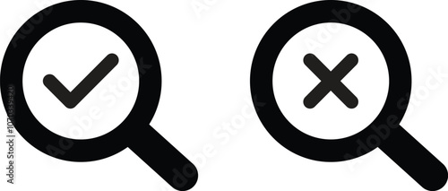 Search icon with tick and cross icons . Magnifier glass check mark icon set . Vector illustration
