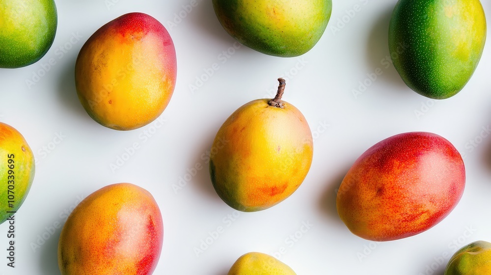 A few fresh mangoes, varying in color from green to yellow, lie on a pristine white background. A few fresh mangoes, varying in color from green to yellow, lie on a pristine white background.