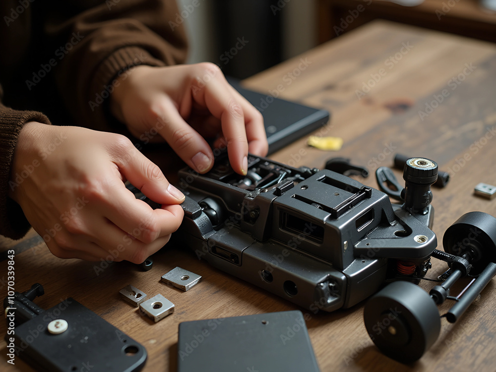 Detailed close-up of hands assembling a precision model car on a wooden workbench, showcasing intricate parts and tools in natural light Detailed close-up of hands assembling a precision model car on a wooden workbench, showcasing intricate parts and tools in natural light