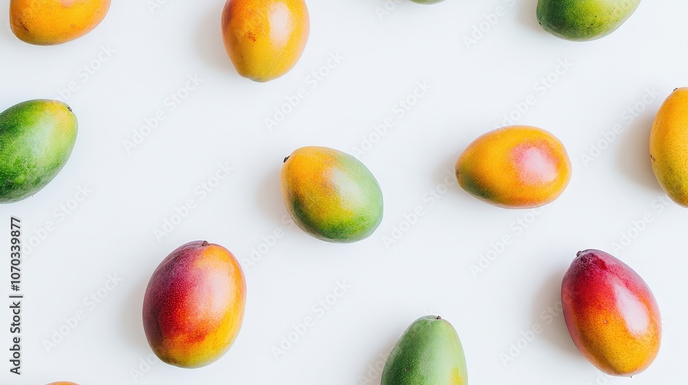 A few mangoes lie scattered on a white background. A few mangoes lie scattered on a white background.