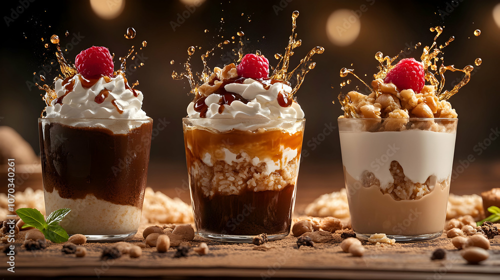 Three Delicious Desserts with Whipped Cream, Caramel Sauce, and Raspberry Toppings, Served in Glass Tumblers on a Wooden Surface with Scattered Toppings Three Delicious Desserts with Whipped Cream, Caramel Sauce, and Raspberry Toppings, Served in Glass Tumblers on a Wooden Surface with Scattered Toppings