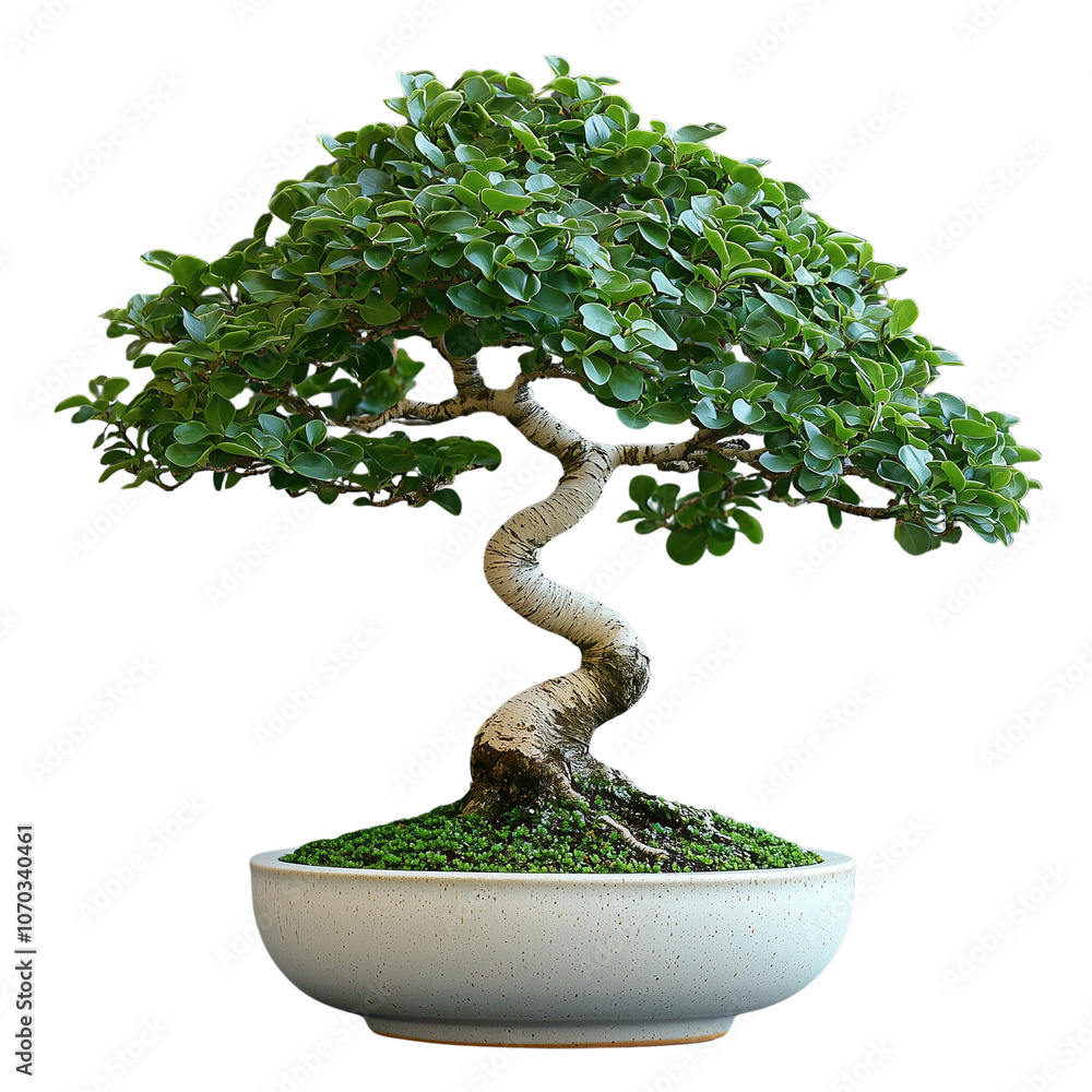 Serene Bonsai: A meticulously crafted bonsai tree, showcasing its elegant, swirling trunk and lush green foliage in a shallow, speckled ceramic pot.  A symbol of patience, tranquility.