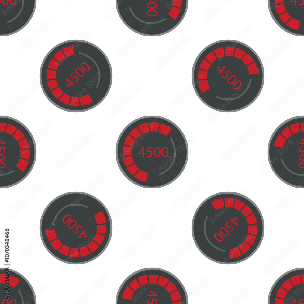 Fototapeta premium Seamless pattern of round speedometers with red indicators showing 4500 revolutions per minute on white background, perfect for automotive and performance concepts