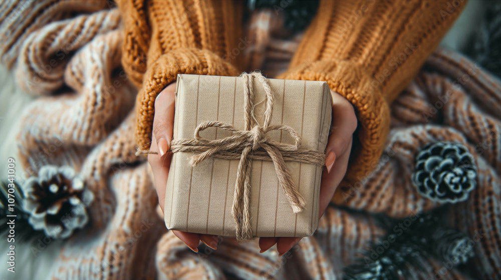 Fototapeta premium Person offers beautifully wrapped gift in cozy indoor setting during autumn. Generative AI
