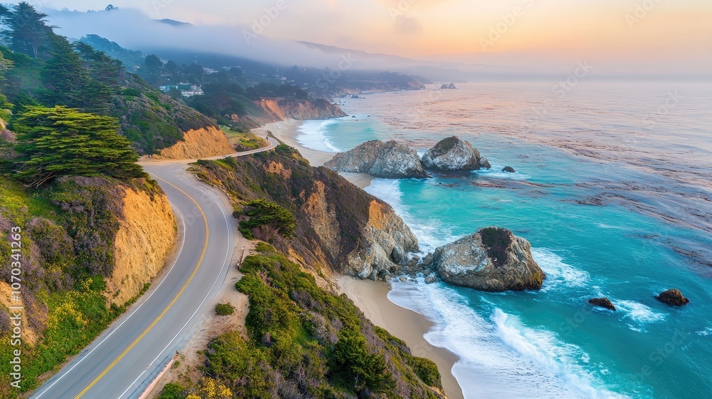 Scenic Coastal Road at Sunset with Rocky Shoreline Scenic Coastal Road at Sunset with Rocky Shoreline