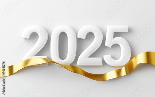 3D text 2025 with golden ribbons and confetti on a beige background, Happy New Year banner design illustration. Shiny white balloon for celebration or holiday greeting card template. 