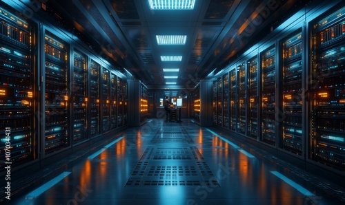 Isometric IT server room with rows of servers, cables, and a technician monitoring systems, high-tech and clean, 3D illustration