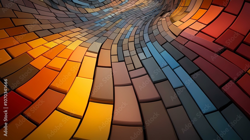 A curved pattern of glossy rectangular blocks in shades of orange, brown, blue, and red. A curved pattern of glossy rectangular blocks in shades of orange, brown, blue, and red.