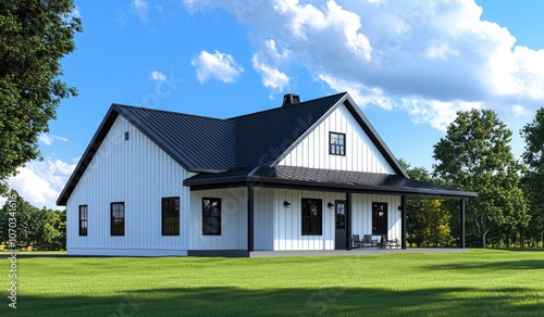 A modern farmhouse-style house with a gable roof, white walls, and black windows, set in a large front yard with green trees and a clear blue sky