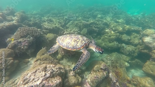 Colorful Sea Turtle Swimming Over Coral Reef