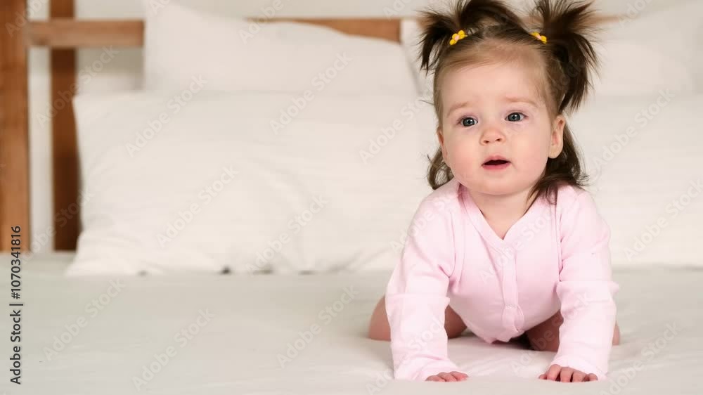 Baby girl on the bed in the bedroom smiling or laughing, cute baby in pink bodysuit at home Baby girl on the bed in the bedroom smiling or laughing, cute baby in pink bodysuit at home