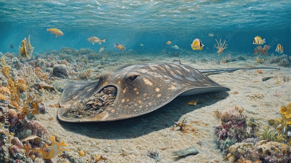 Fototapeta premium Majestic Stingray Among Coral Reefs in Clear Waters