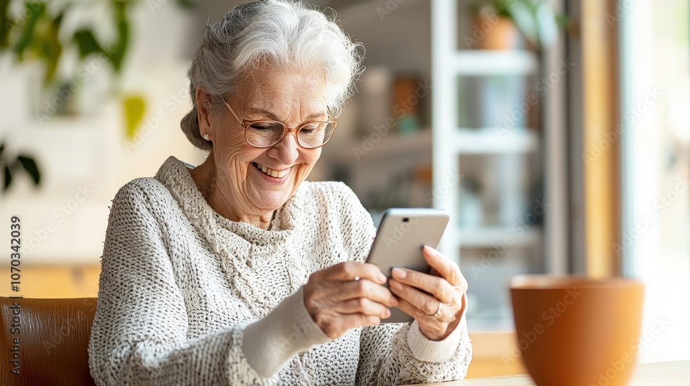 A smiling elderly woman sits at a table, using a smartphone, surrounded by plants and warm lighting. A smiling elderly woman sits at a table, using a smartphone, surrounded by plants and warm lighting.