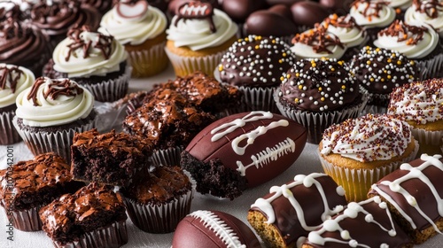 Festive Super Bowl dessert table with footballthemed treats in focus photo