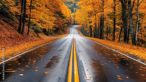 Serene Autumn Road Through Golden Forest