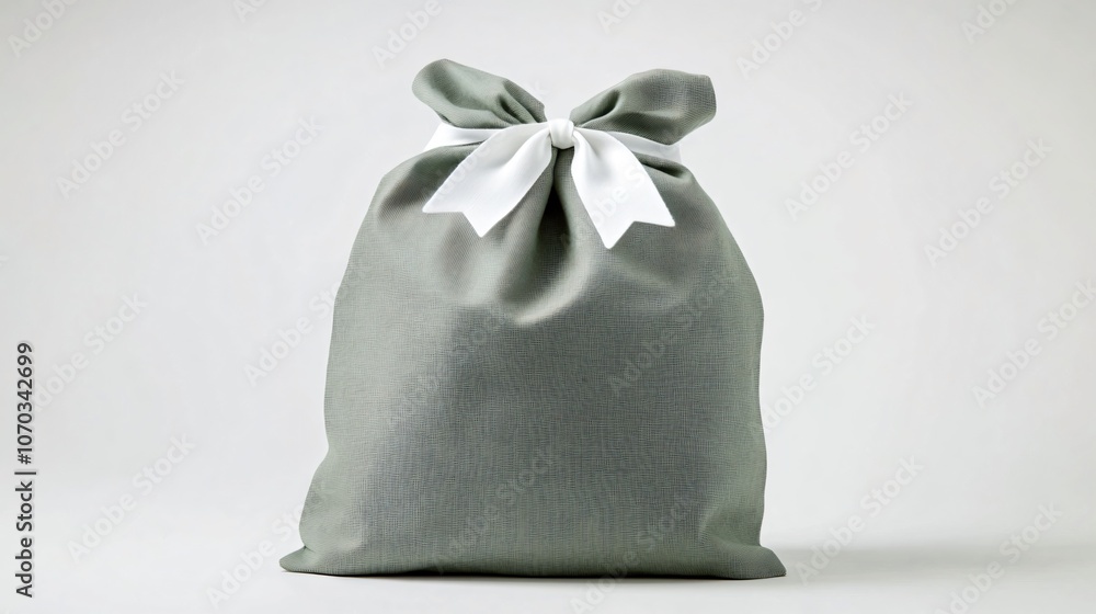 Muted Santa bag in sage green with a single white bow on a soft white background, fresh and minimalist Muted Santa bag in sage green with a single white bow on a soft white background, fresh and minimalist