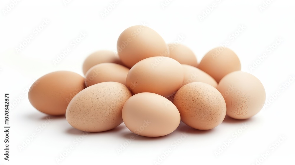 A handful of chicken eggs is scattered across a white background. A handful of chicken eggs is scattered across a white background.