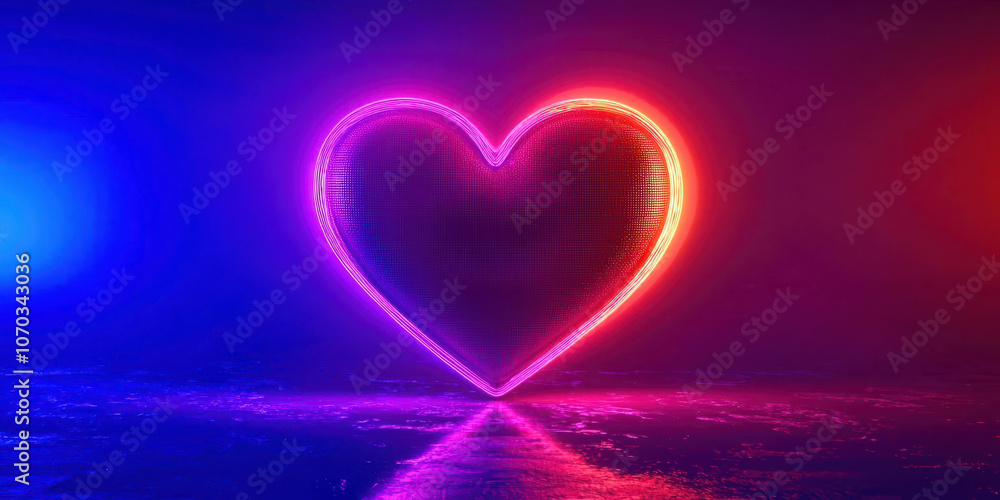 A heart made of neon lights is lit up in a dark room A heart made of neon lights is lit up in a dark room