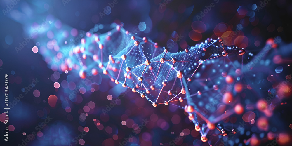 Blue Molecular DNA Structure in Abstract 3D Visualization, Glowing DNA Molecule with Dark Bokeh Background Blue Molecular DNA Structure in Abstract 3D Visualization, Glowing DNA Molecule with Dark Bokeh Background