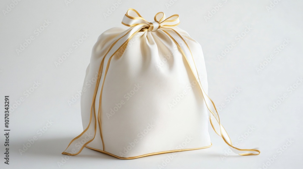 Santa bag in a minimal ivory tone with a gold trim on a white background, very sleek Santa bag in a minimal ivory tone with a gold trim on a white background, very sleek