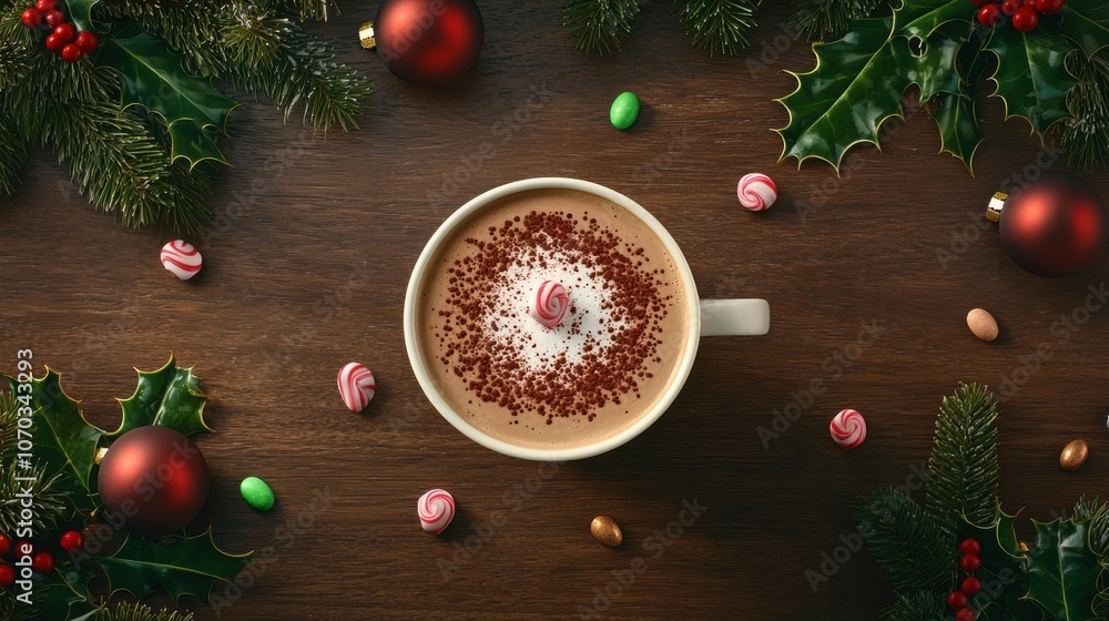 A festive coffee cup topped with whipped cream and cocoa sits on a wooden surface adorned with Christmas decorations and colorful candies. A festive coffee cup topped with whipped cream and cocoa sits on a wooden surface adorned with Christmas decorations and colorful candies.