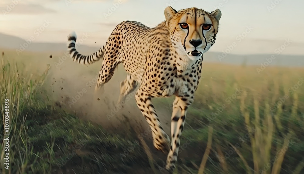 Cheetah Sprints Across Savanna at Dawn, Embracing Golden Sunlight, Wildlife in Motion Cheetah Sprints Across Savanna at Dawn, Embracing Golden Sunlight, Wildlife in Motion