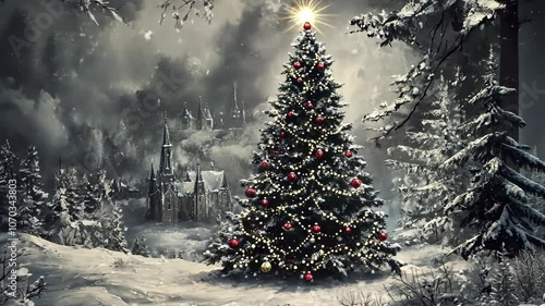 A snowy Christmas tree stands tall in a winter forest, illuminated by a star and surrounded by snow-covered trees