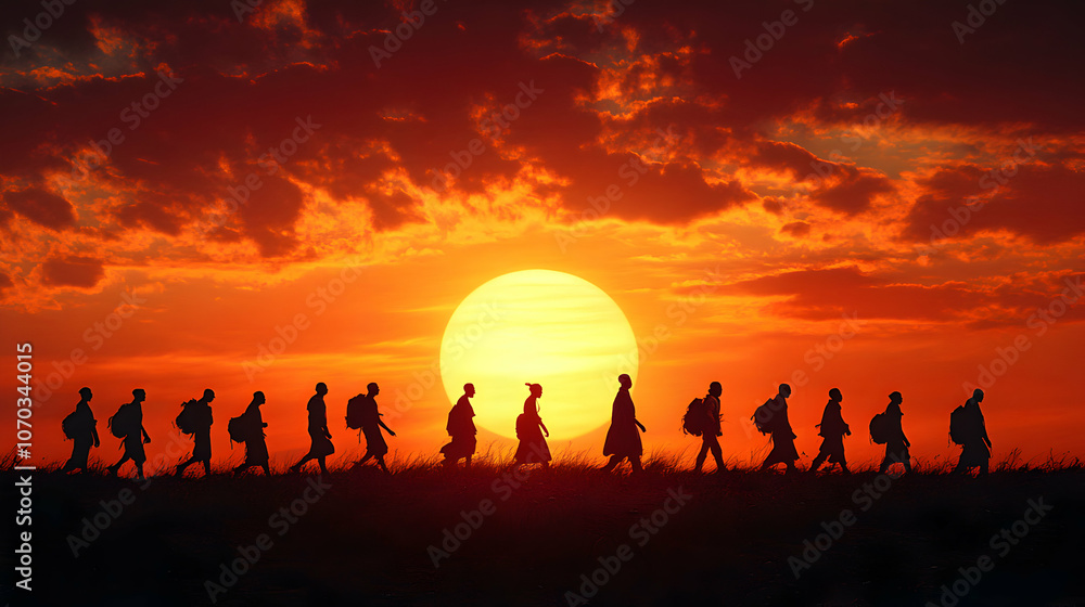 Naklejka premium Silhouettes of People Walking Across a Landscape at Sunset with a Large Orange Sun in the Sky