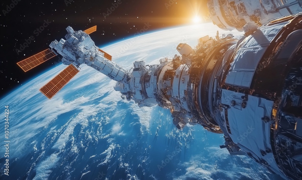 Space station with robotic arms performing maintenance on satellites, space technology, 3D illustration Space station with robotic arms performing maintenance on satellites, space technology, 3D illustration