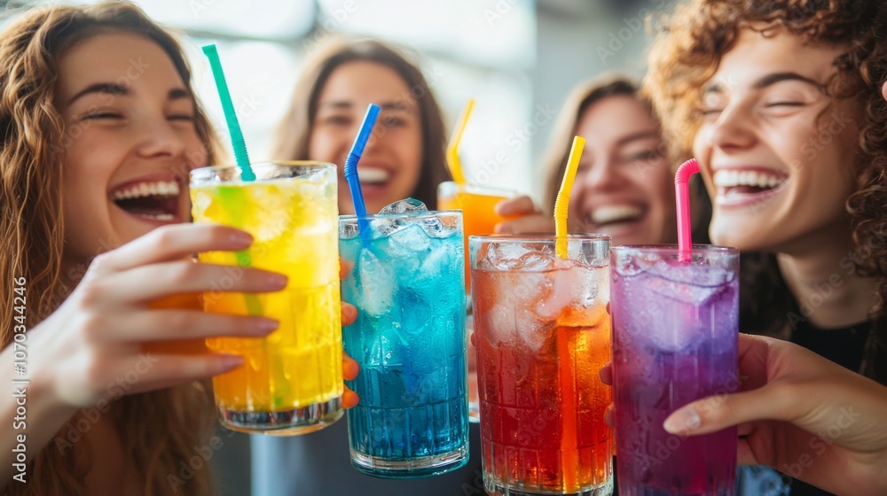Friends celebrating a touchdown with colorful drinks in clear image Friends celebrating a touchdown with colorful drinks in clear image
