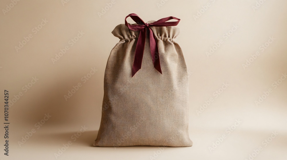 Simple Santa bag with a muted brown tone and single red ribbon on a light tan background, rustic and minimal Simple Santa bag with a muted brown tone and single red ribbon on a light tan background, rustic and minimal