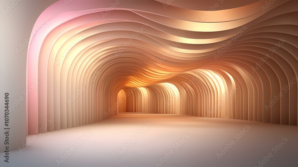 Naklejka premium The image is a digital rendering of an abstract tunnel composed of curved, layered panels in warm, peachy tones. The tunnel appears bright and airy, with light streaming in from the end, creating a