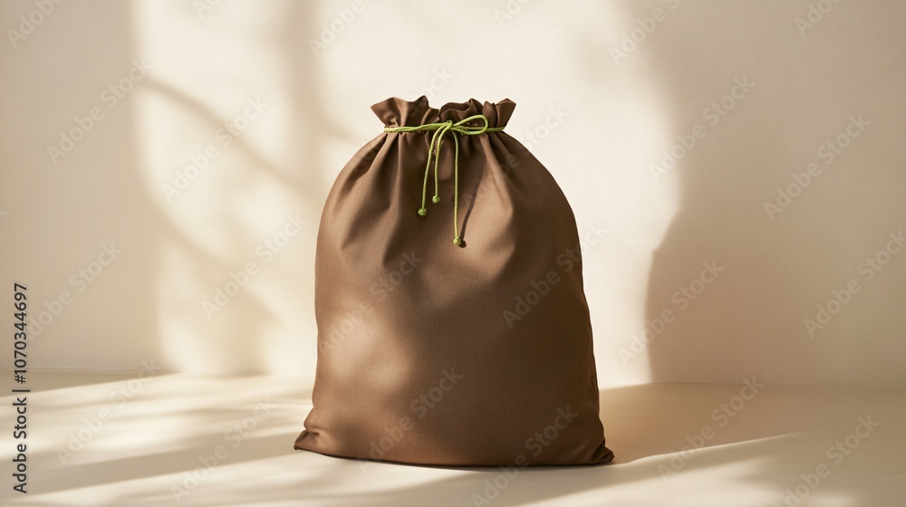 Solid brown Santa bag with tiny green accents on a neutral tan background, earthy and clean Solid brown Santa bag with tiny green accents on a neutral tan background, earthy and clean