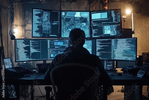 Hacker working at desk with multiple monitors in dim room.