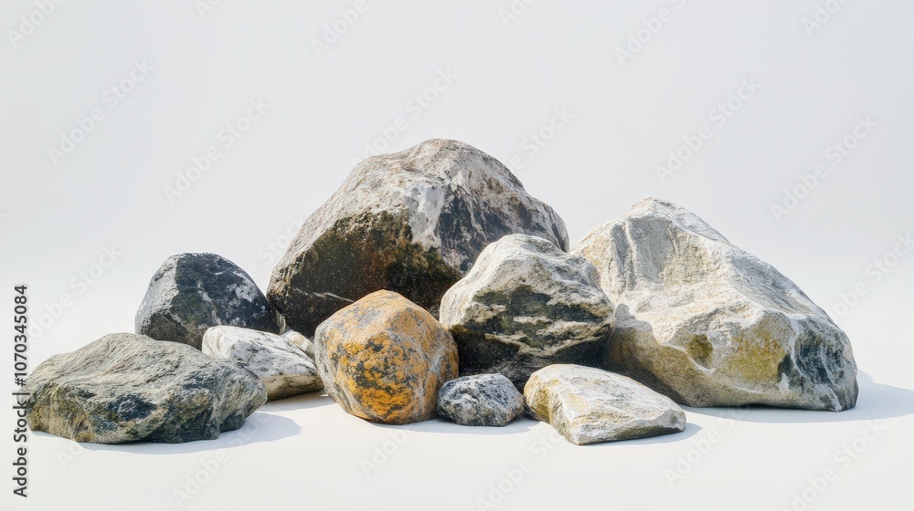 Naklejka premium A mix of small and large rocks is placed on a white background, their textures and colors subtly standing out against the clean backdrop