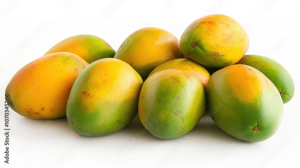 A neat arrangement of mangoes rests on a pure white background. A neat arrangement of mangoes rests on a pure white background.