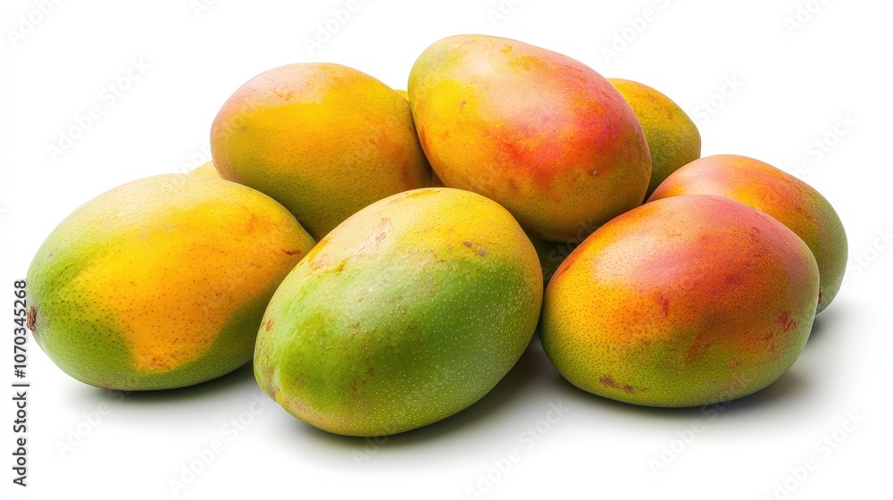 A neat arrangement of mangoes rests on a pure white background. A neat arrangement of mangoes rests on a pure white background.